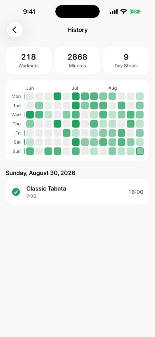 The history screen: workout totals, a day streak and a heatmap of training days.