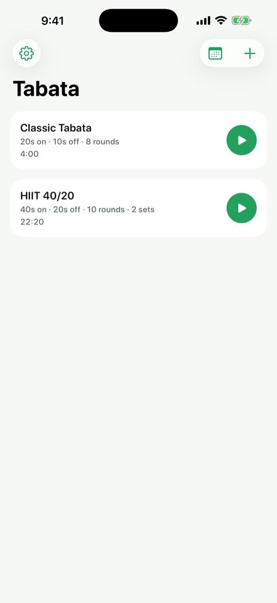 The routine list with the Classic Tabata and HIIT 40/20 presets.
